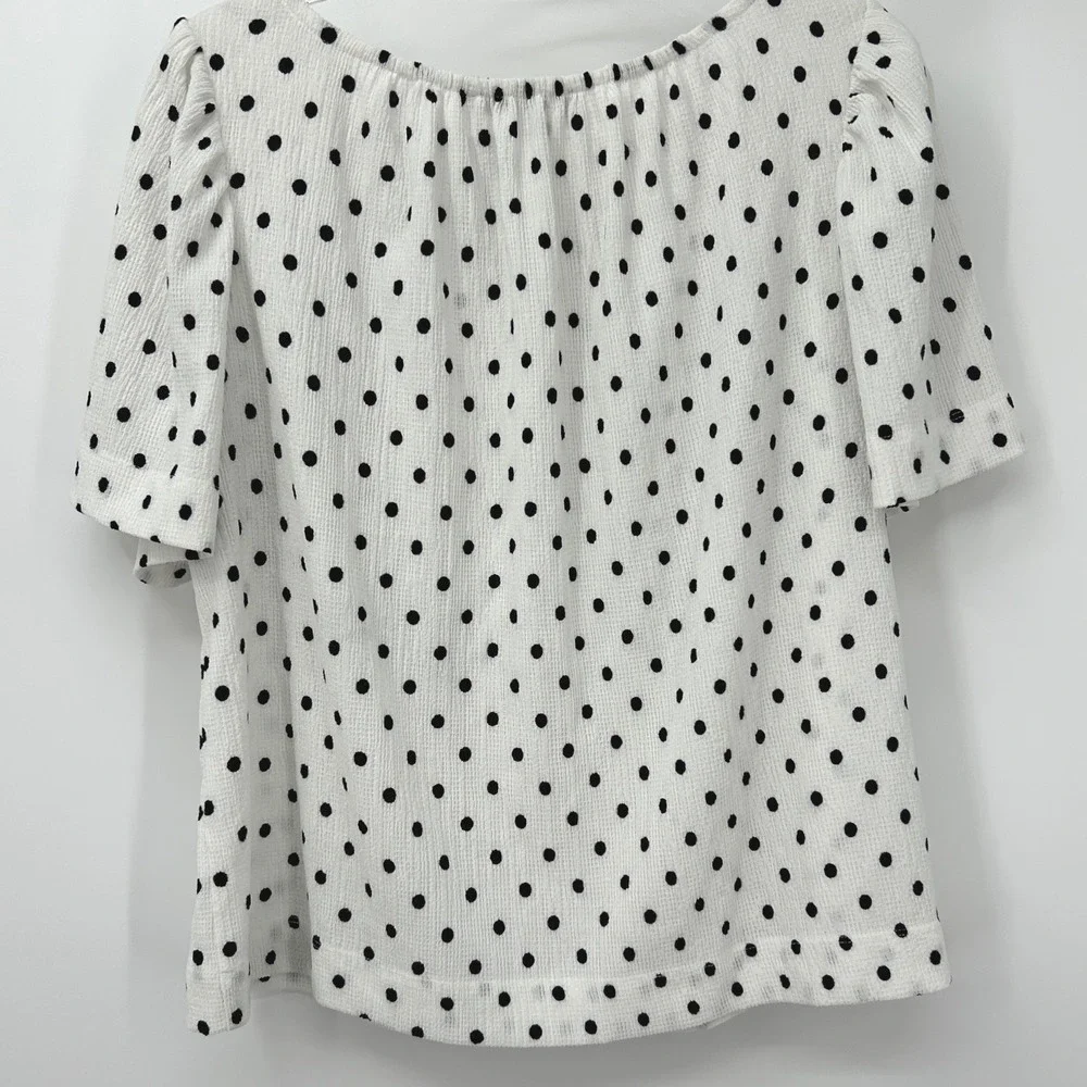 LOFT Womens Large Polka Dot Short Sleeve Puff Blouse White Black Textured Top